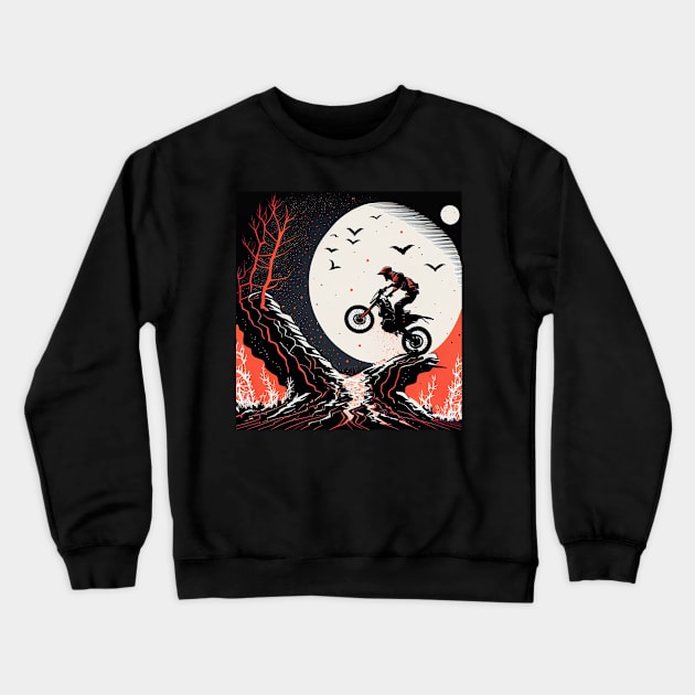 Dirt bike stunt w/moon red and black Crewneck Sweatshirt by KoolArtDistrict